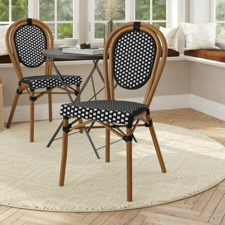 FLASH FURNITURE Lourdes Thonet French Bistro Stacking Chair, Black and White PE Rattan and Bamboo Print Alum Frame SDA-AD642002S-BKWH-NAT-GG